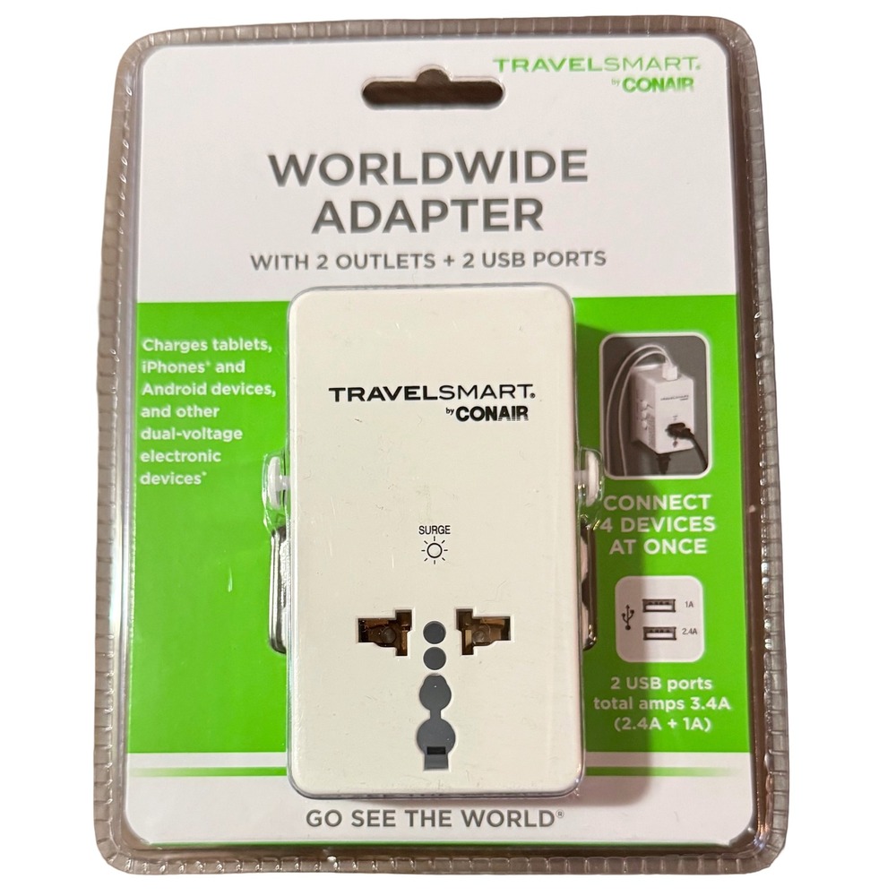 TravelSmart by Conair Worldwide Adapter 2 Outlets 2 USB Ports TS240X White New